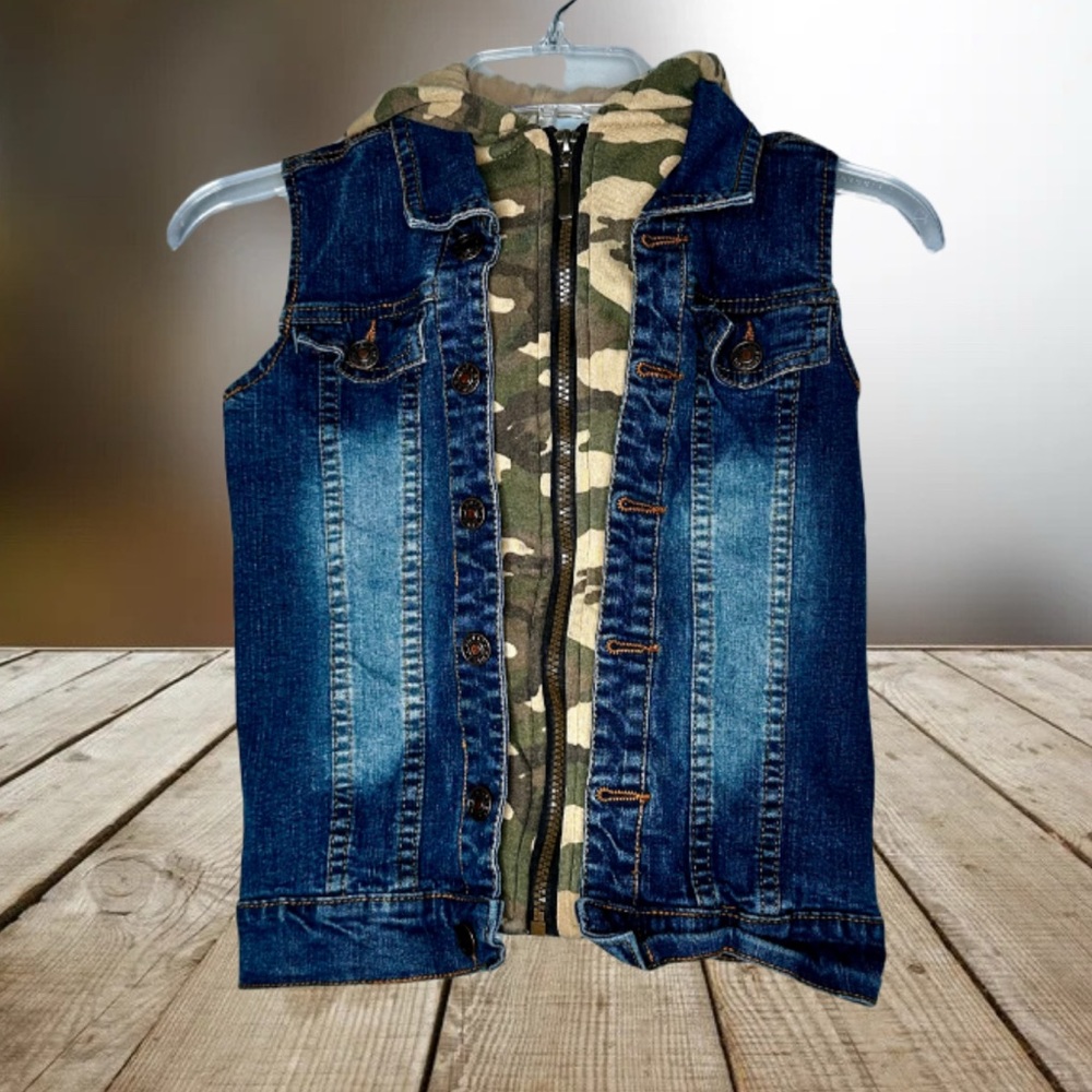 Buzz Cuts Denim Vest with Camouflage Hoodie